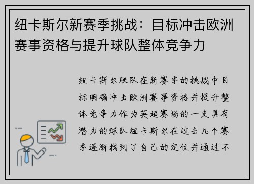 纽卡斯尔新赛季挑战：目标冲击欧洲赛事资格与提升球队整体竞争力